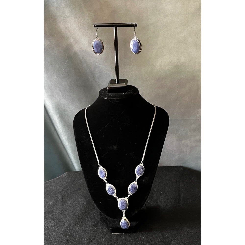 Stauer Necklace and Earring Set Sterling Silver Simulated Sapphire Jewelry Women